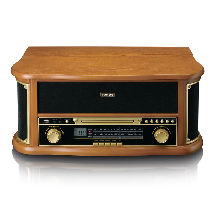 Lenco Wooden Retro Record Player with Bluetooth®, AM/FM Radio, USB Encoding, CD Player, Cassette Player, and Built-In Speakers
