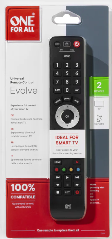 One For All Evolve Universal TV Remote Control c/w Smart Button (2 Devices)