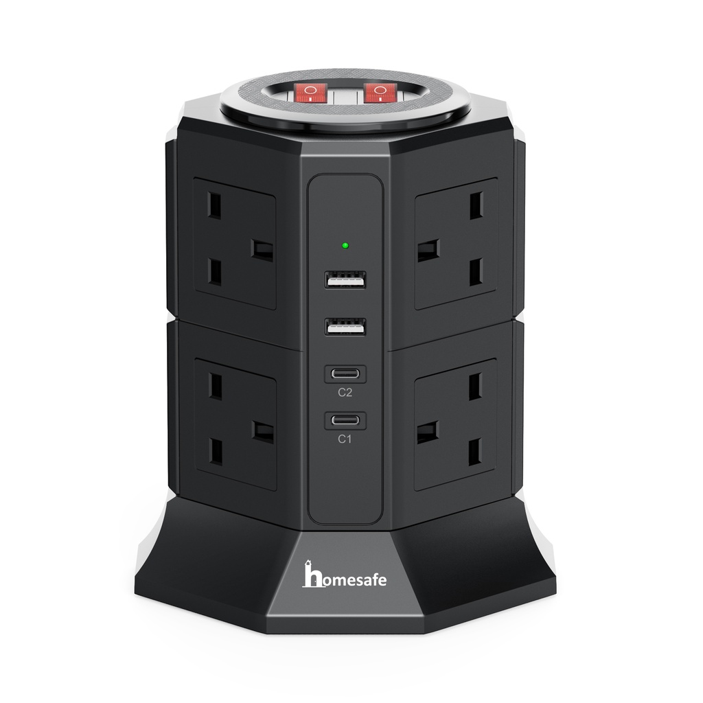 [TRE09B] UltraPower 8 Gang & 4 USB Extension Tower Lead | Black